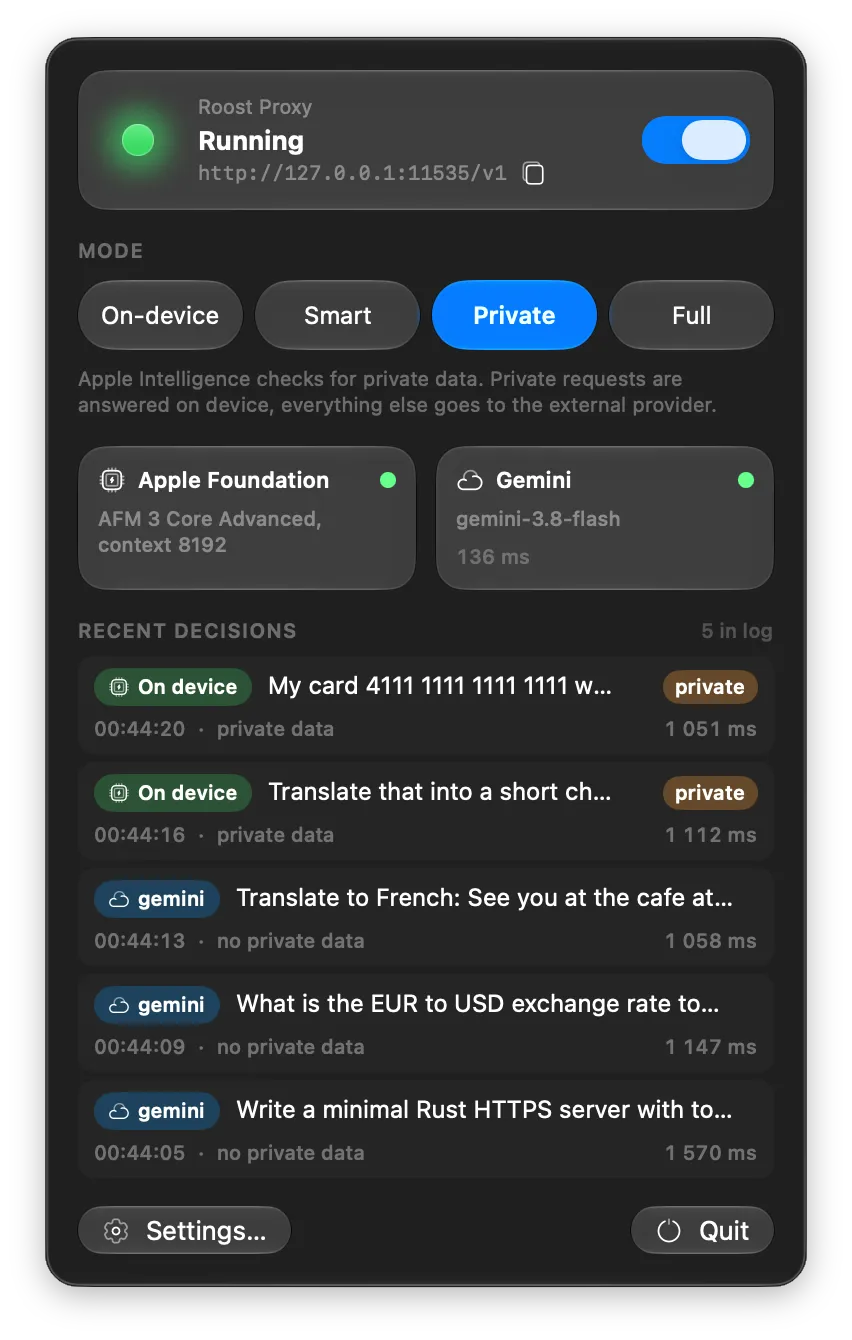 The Roost panel from the menu bar: a status card with the local address, the four-mode switch, two backend cards and a feed of recent routing decisions.
