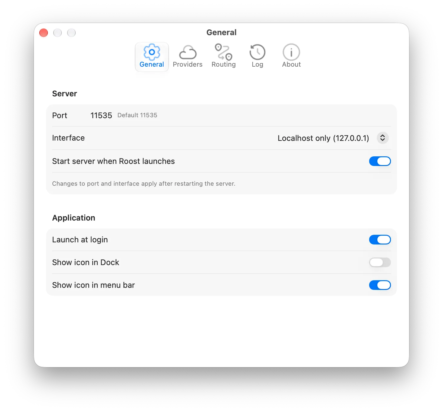 Roost Settings, General tab: server port and interface, start the server when Roost launches, launch at login, Dock and menu bar icons.