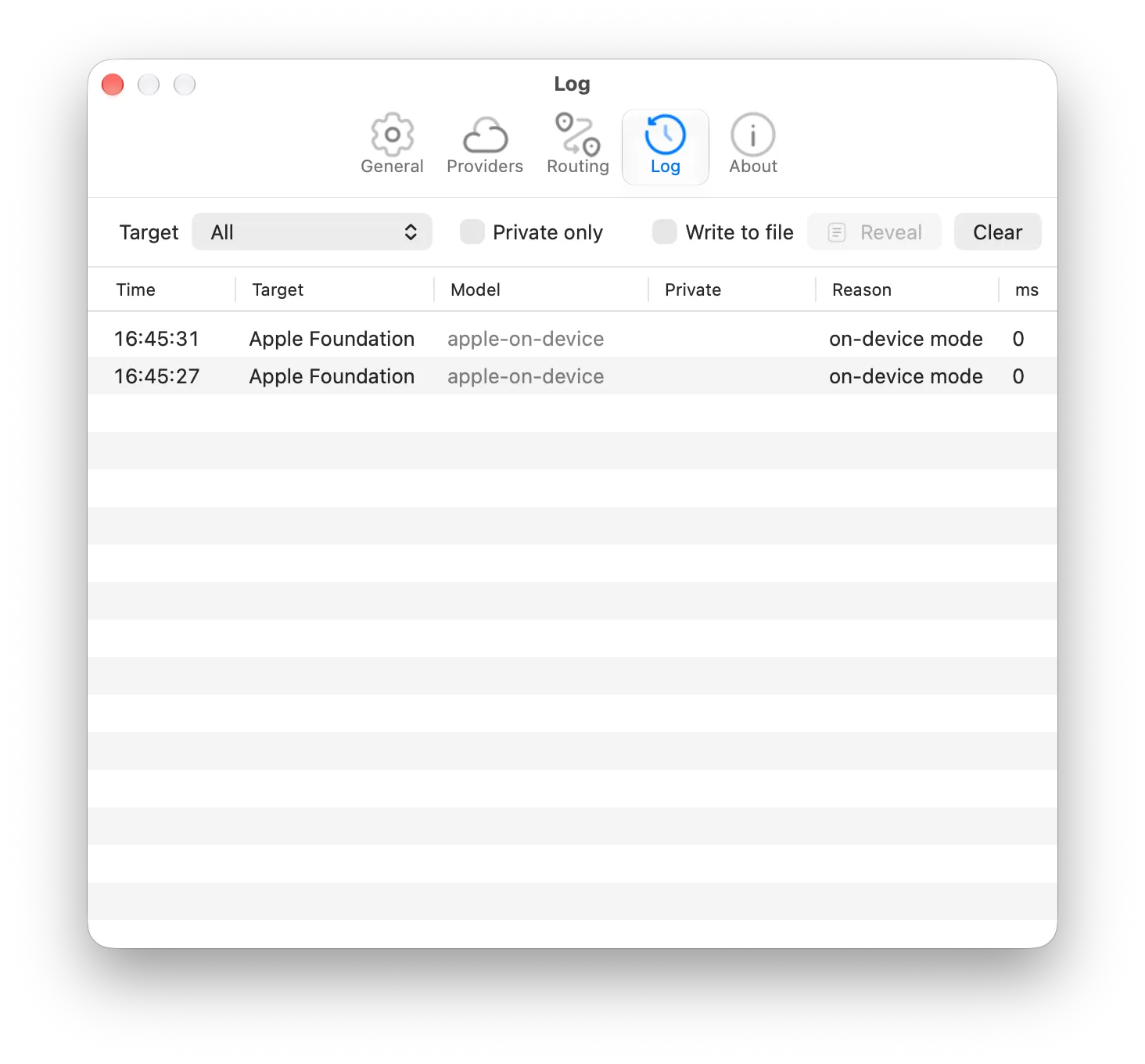 Roost Settings, Log tab: requests with time, target, model, private flag, reason and latency, with filters.
