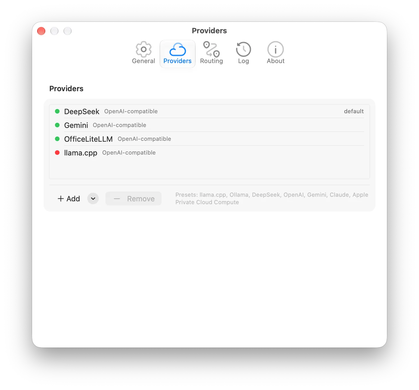 Roost Settings, Providers tab: connected providers with status, the default one marked, and presets to add more.