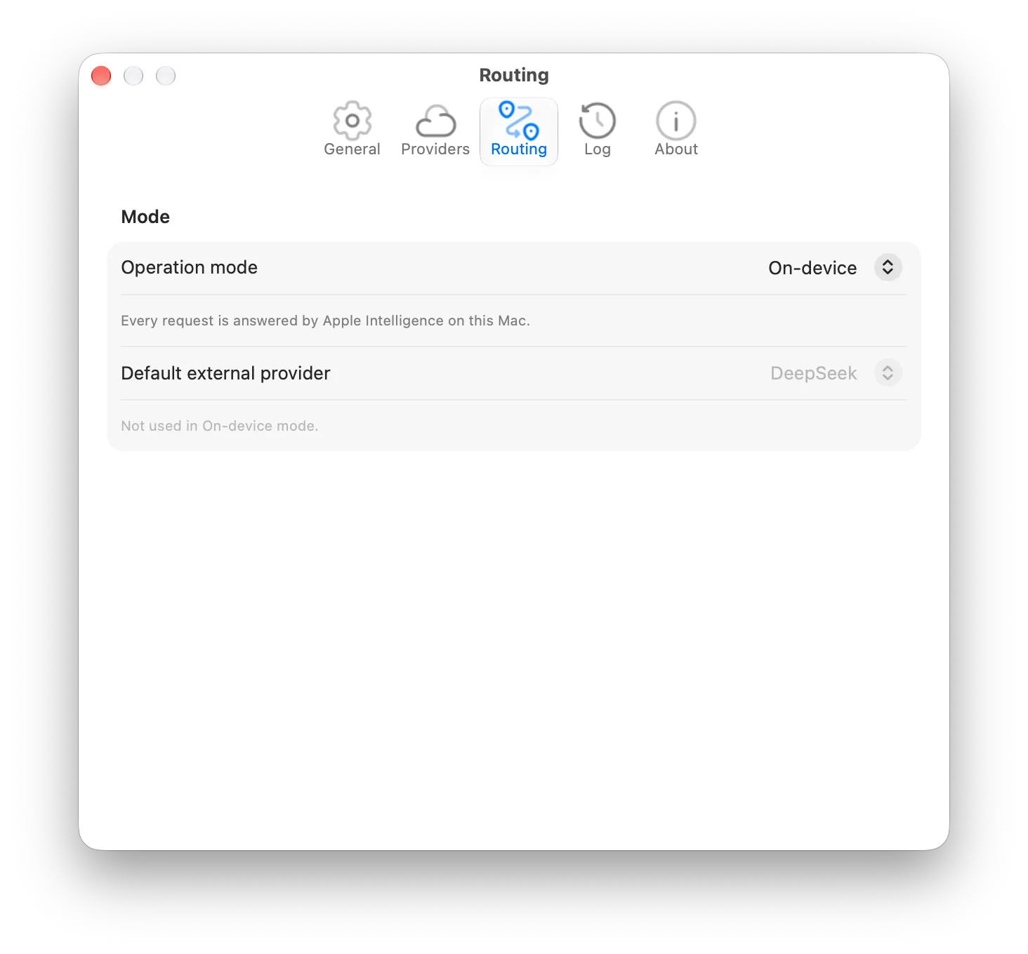 Roost Settings, Routing tab: operation mode and default external provider.
